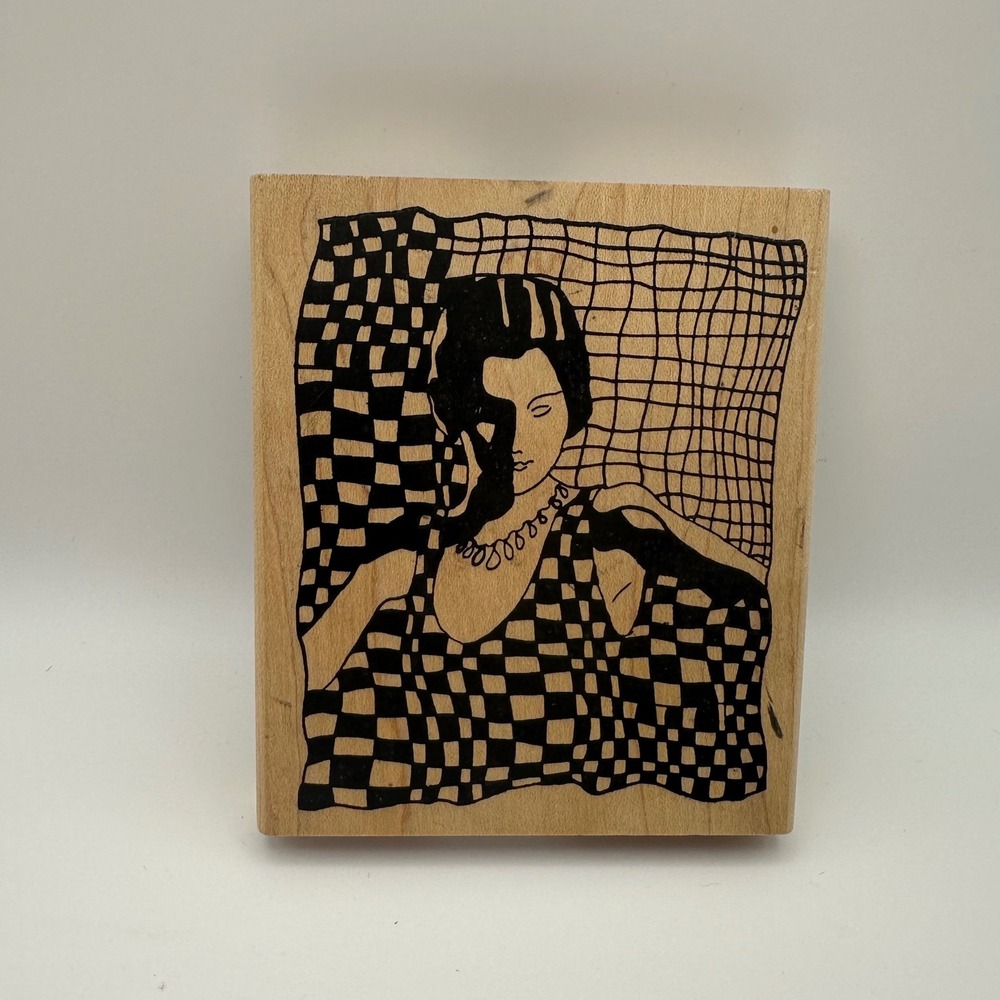 Paper Parachute Art Deco Woman Checkered Dress Wood Mount Rubber Stamp Vintage